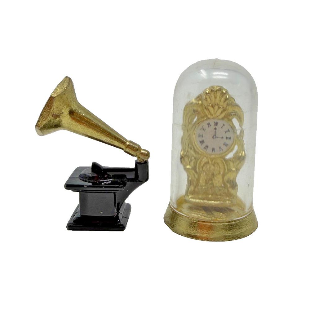 1:12 Dollhouse Miniatures Lot 2 Domed Mantel Clock & Gramophone